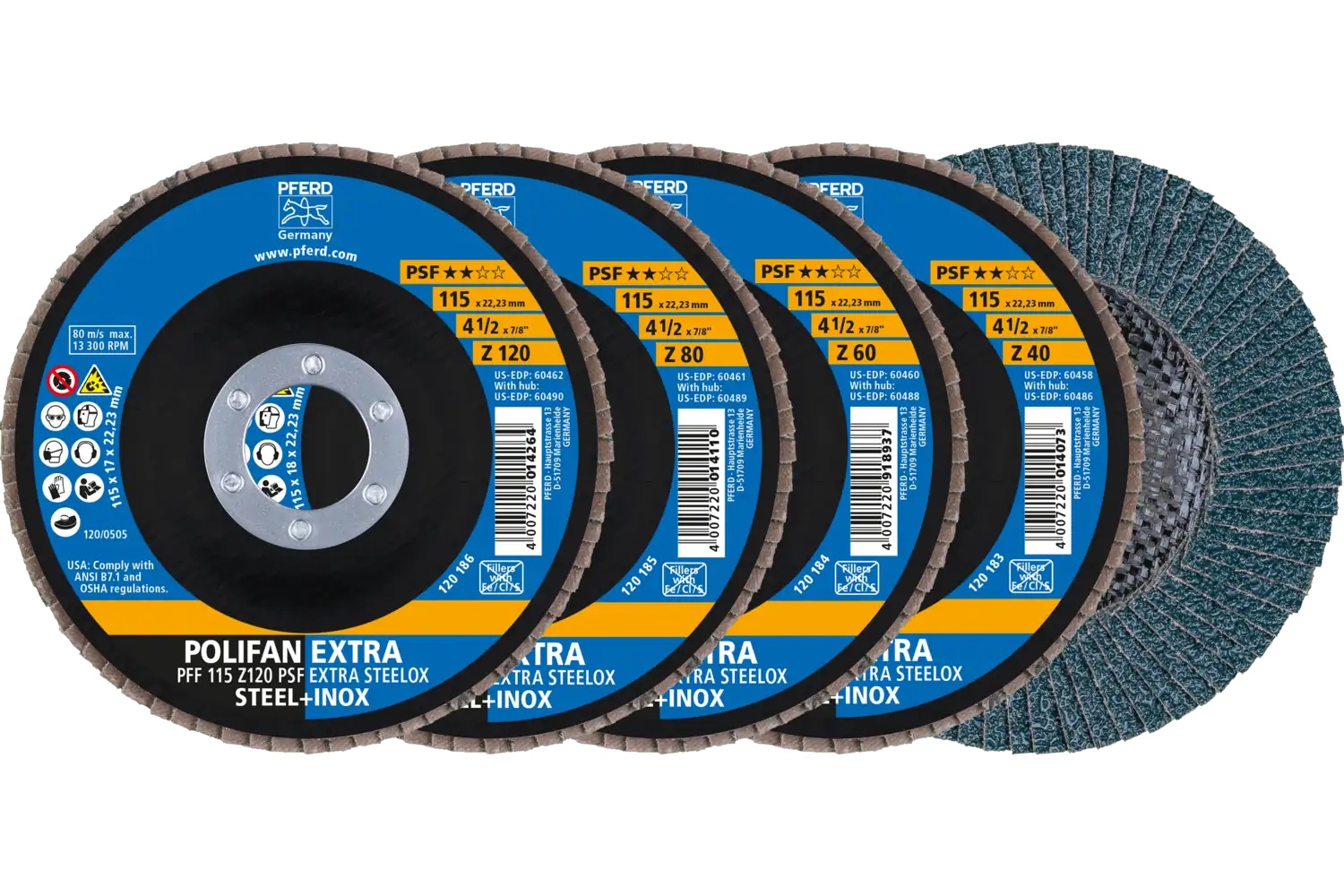 Picture of Pferd Flap Disc Set, 4-1/2"x 7/8, ZPSF Extra Steelox, 40/60/80/120 Grit, T27, Flat